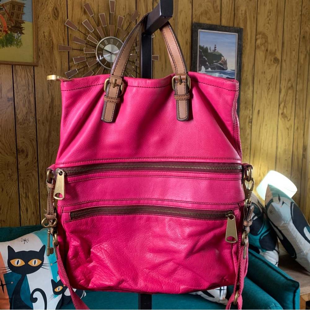 Fossil Explorer Raspberry Leather Fold-over Crossbody / Tote Bag